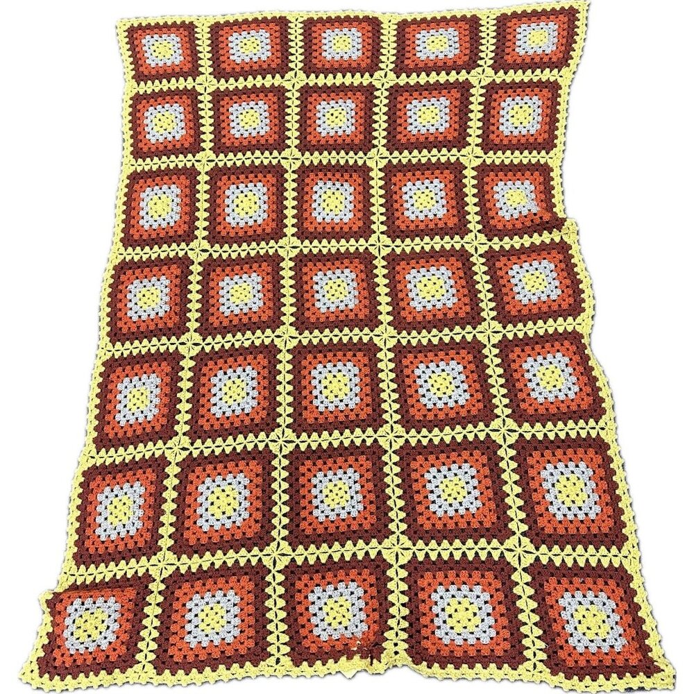 Handmade Granny Square Afghan Harvest Fall Autumn 64 x 44 VintageOrange Brown